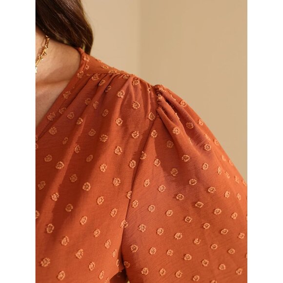 Plus Size Fall Wedding Guest Dress Swiss Dot Lantern Sleeves V-Neck - Picture 3 of 5